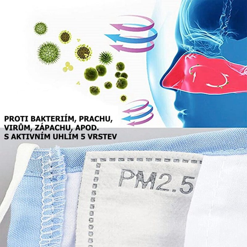 PM 2.5 náhradní filtr ROZMĚR 12cm x 8cm, 5 vrstev s aktivním uhlím, certifikací CE, pro respirátory a masky